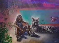 White Tiger and a Girl with White Tiger Next to a pool (collaboration with Tatyana Tingyan) – Image 1
