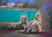 White Tiger and a Girl with White Tiger fur blanket (Collaboration with Tatyana Tingyan) – Image 1