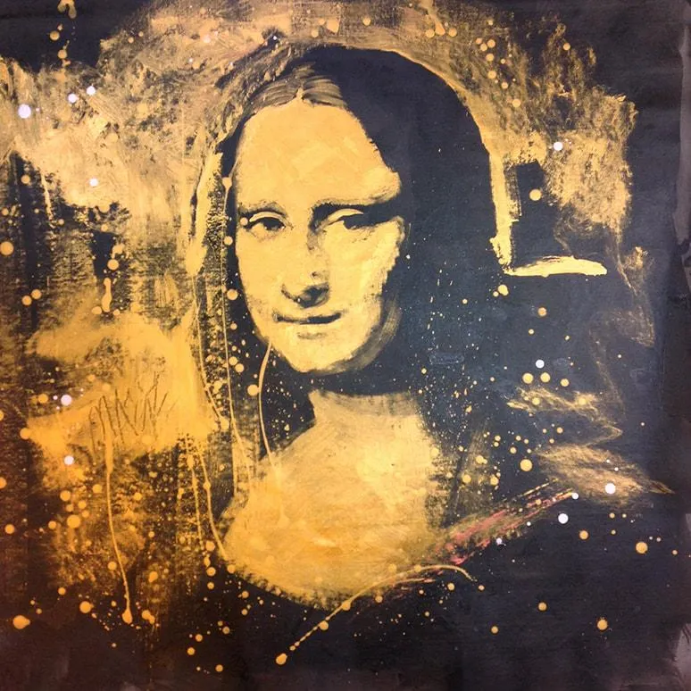Mona Lisa Portrait Study in Gold, Copper and Silver Mixed Media ( Oil, Metallic Acrylic, Emulsion and Glitter ) on Canvas; 94x9