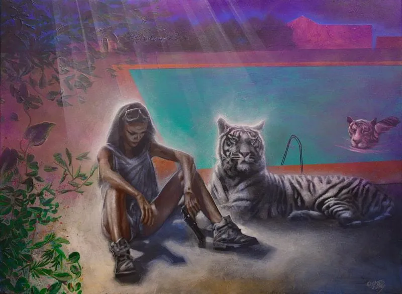 White Tiger and a Girl with White Tiger Next to a pool (collaboration with Tatyana Tingyan)