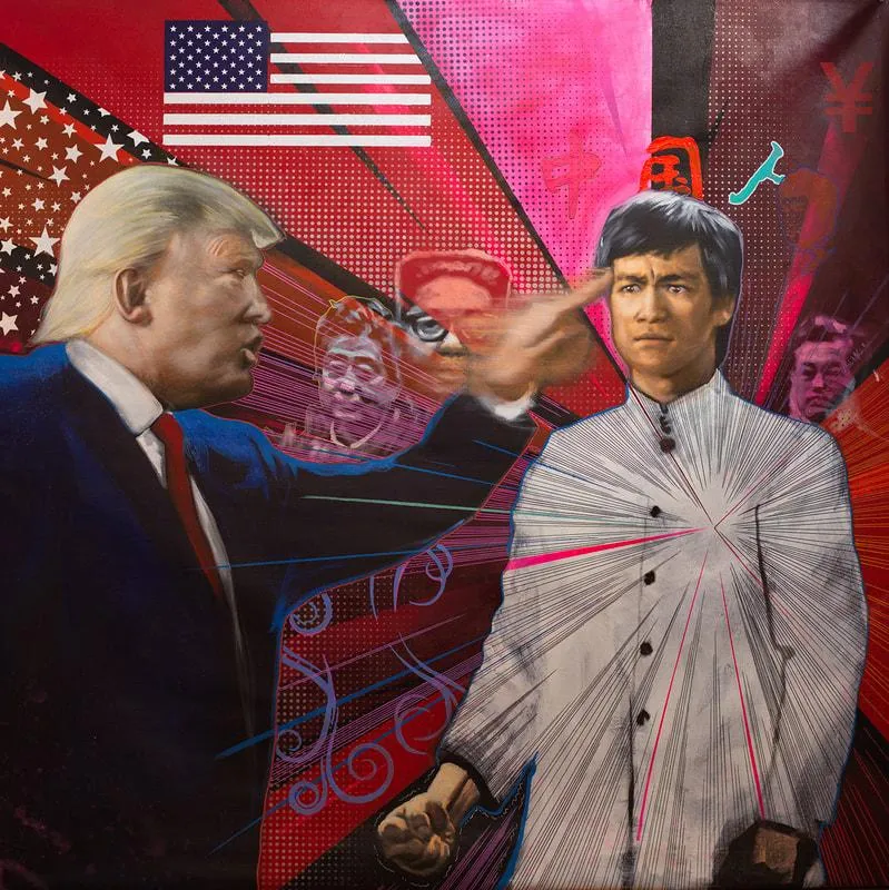 🔴SOLD World Peace ( Two Americans ) Donald Trump vs Bruce Lee  - Michael Andrew Law Painting for sale