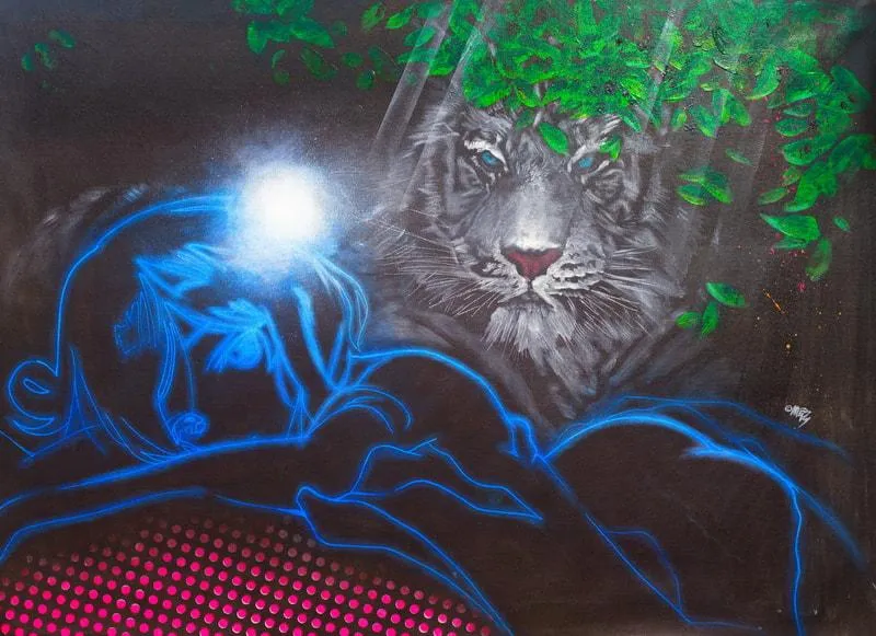 Untitled ( White Tiger and a Digital Manga Neon Light Girl with White Tiger )
